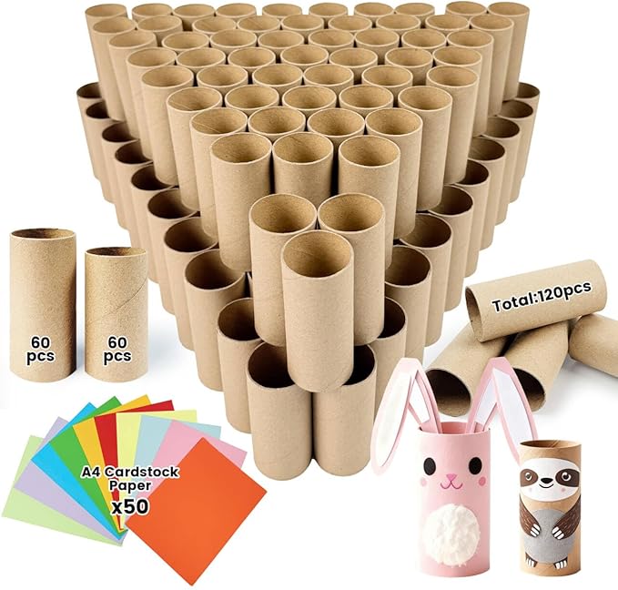 120-Pack Kraft Cardboard Tubes for Crafts-1.57x3.74 Inches&1.5x3.4 Inches-Resistant Toilet Paper Rolls for DIY, School Supplies & Art Projects-Include 50 Sheets A4 Colorful Paper-Brown