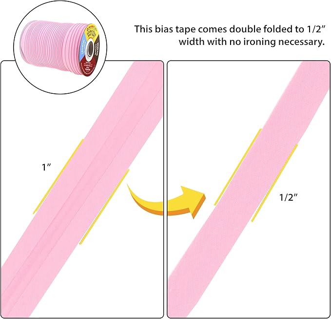 Mandala Crafts 55 Yards 1/2 Inch Light Pink Double Fold Bias Tape for Sewing - Bias Binding Tape for Quilting Binding, Hemming, Seam, and Fabric Piping