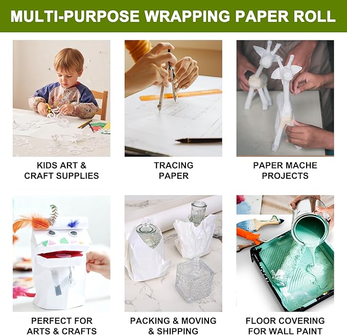 Moretoes 15" x 456"(38') White Wrapping Kraft Paper Roll, Kraft Packing Paper Roll for Gift Wrapping Craft Bulletin Board Banner Art Bouquet Flower Packing Moving Shipping 75GSM