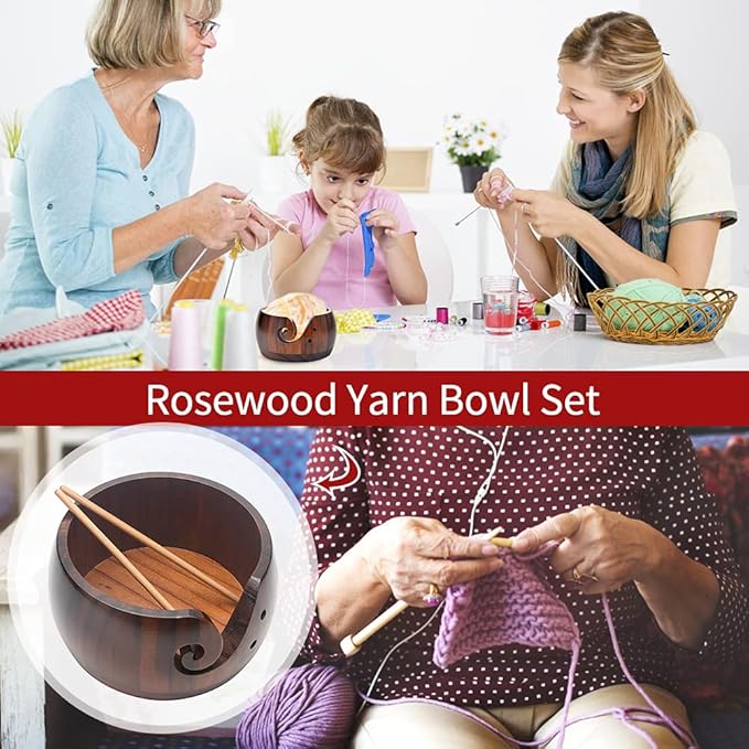 Wooden Yarn Bowl with Bamboo Crochet Hooks, Knitting Accessories DIY Hand Craft Yarn Holder Dispenser Storage Bowl for Skeins, Birthday Gifts for Crocheters Knitting Lovers(Color:Brown)