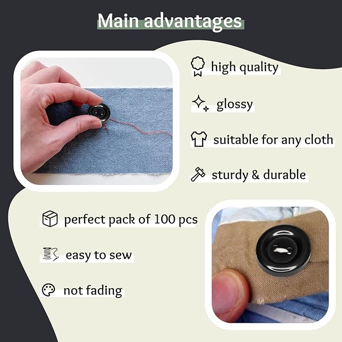 100 Pcs 30L Black Sewing Buttons 3/4" (19 mm) Round Flat Glossy 2-Hole 30L Large Plastic Buttons Polished Uniform Bulk Buttons for Sewing Workwear School Chef Aprons Pants Jacket Bags Craft DIY