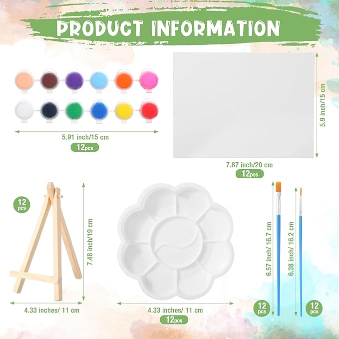 Qilery 12 Set Acrylic Paint Kit Mini Stretched Canvas with Easel, Acrylic Paints Strips, Brushes, Palette, Art Set for Kids Adults Classroom Birthday Party Favors(6 x 8 Inch)