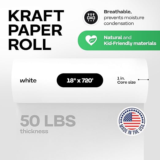 White Kraft Paper Roll 18" x 8640" (720 feet) - Quality USA-Made Large Paper Roll 50lb Thickness for Packing, Moving, Shipping & Crafts/Art - 100% Recyclable Natural Wrapping Material by IDL Packaging