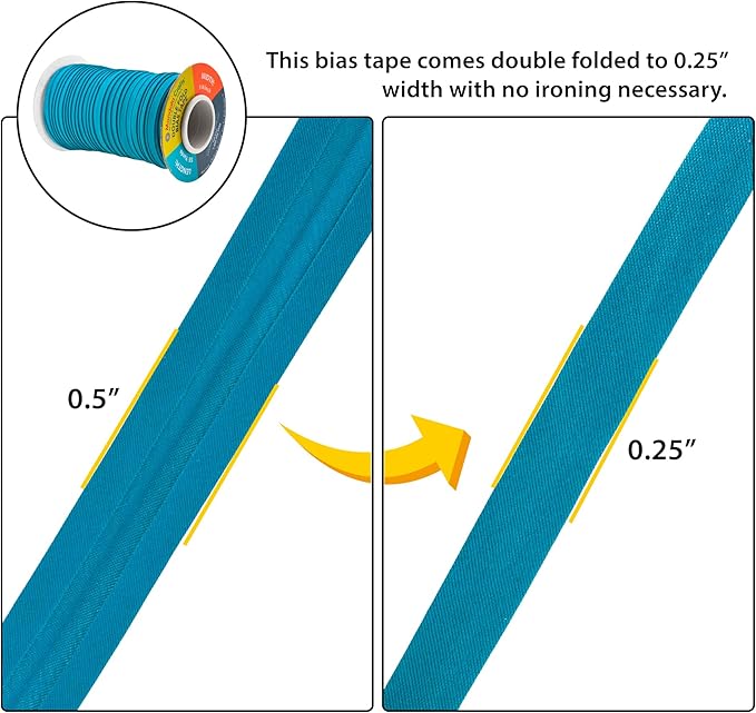 Mandala Crafts 55 Yards 1/4 Inch Teal Double Fold Bias Tape for Sewing - Bias Binding Tape for Quilting Binding, Hemming, Seam, and Fabric Piping