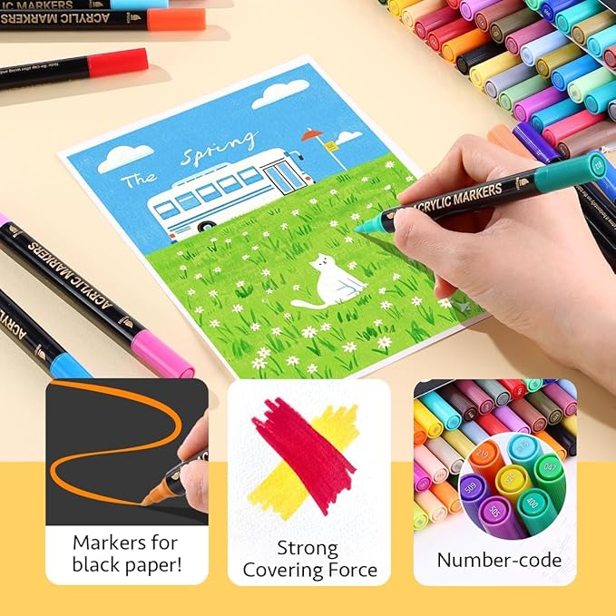 WINSONS 48 Colors Acrylic Paint Marker, Dual Tip and Dual Colors Acrylic Paint Pens for Stone, Wood, Canvas, Ceramic, Metal, Glass, Rock Painting, DIY Crafs Art Supplies (48 Colors)