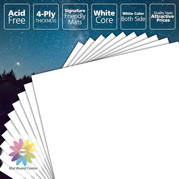 Mat Board Center, Pack of 10 6x8 White Uncut Mat Boards, Acid Free, 4-Ply Thickness, White Core, Great for Pictures, Photos, Framing Backing