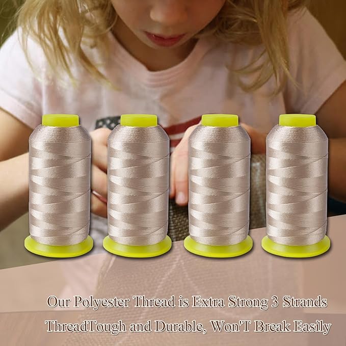4Pcs Beige Nylon Thread for Sewing,210d/3 Upholstery Thread Heavy Duty,4 Cone of 1500 Yards Each Leather, Weave Needle,Serger Overlock Machine for Sewing Hair