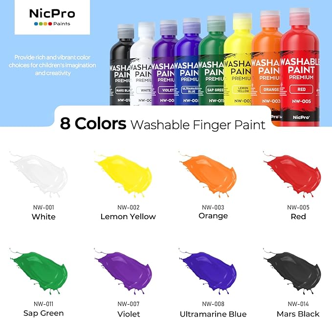 Nicpro 8 Colors Washable Finger Paint Set for Kid (4 oz), Non-Toxic Finger Painting Art Supplies for Toddlers Age 1-3 4 5 6+, Tempera Kids Paint for Craft DIY, Poster, School, Home, Classroom, Party