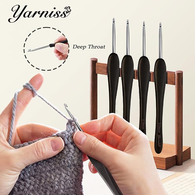 Yarniss 4mm Ergonomic Crochet Hook with Ebony Wood Handle, Stainless Steel Crochet Needle with Deep Throat,Arthritis Crochet Hook with Case