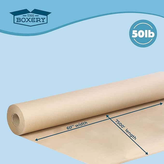 The Boxery Kraft/Brown Kraft Paper Roll, 60” x 9000” (750’)-50lb. Thickness, Heavy Duty Brown Wrapping Paper, Natural Kraft Packing Paper, Void Fill, Arts and Crafts, Bulletin Boards, Gift Wrapping