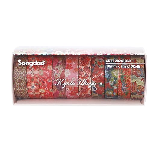 10 Rolls Ukiyo-e Style Washi Tape Set Japanese Kyoto Arts Adhesive Tapes Skinny Decorative Masking Tape Sets for Craft, Kids, Scrapbook, DIY, Gift Wrapping (Crimson Harmony)