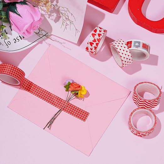 choyaxo 6 Rolls Valentine's Day Washi Tape 0.6" x 16.4ft Love Heart Pattern Masking Tape Great for DIY Journal, Calendar, Gift Wrapping, Wedding