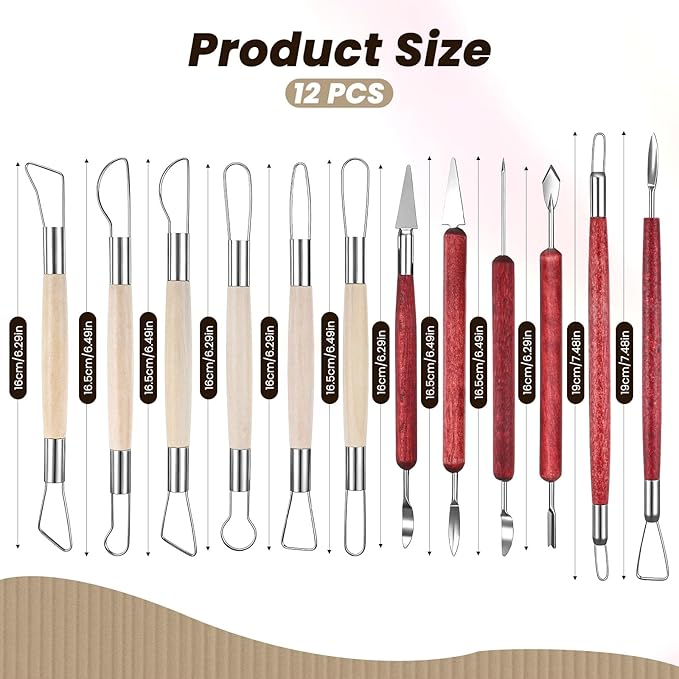 12Pcs Double-Ended Clay Sculpting Tools Stainless Steel Polymer Clay Tool Ceramic Pottery Ribbon Sculpting Tools Wooden Handle Pottery Tool for Embossing