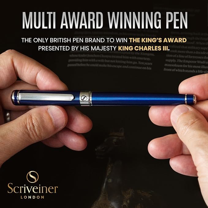 Scriveiner Personalized Midnight Blue Rollerball Pen - Stunning Blue Lacquer Luxury Pen, Chrome Finish, Schmidt Ink Refill, Best Engraved Roller Ball Gift Set for Men & Women, Custom Name Engraving