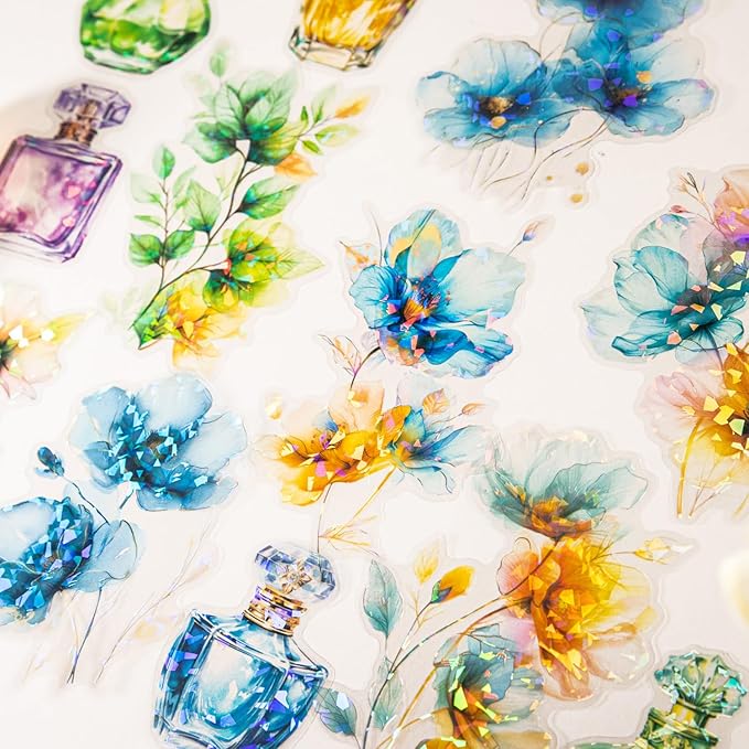 Yoksas 60 Pcs Large Holographic Shiny Flower Vase Scrapbooking Stickers - Transparent Sparkle Watercolor Flowers Plants Decals for Scrapbook,Journals,Resin Art,Botanical Garden Artistic