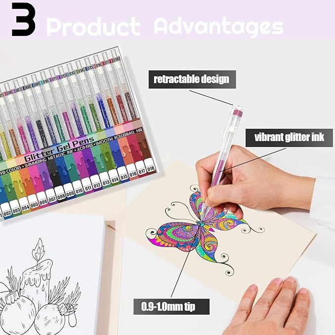 Glitter Pens 18 Colors with 18 Refills, Retractable Glitter Gel Pens for Adult, Vibrant Sparkle Metallic Colored Gel Pens Suitable for Coloring Books Doodling Drawing Journaling Note Taking Writing