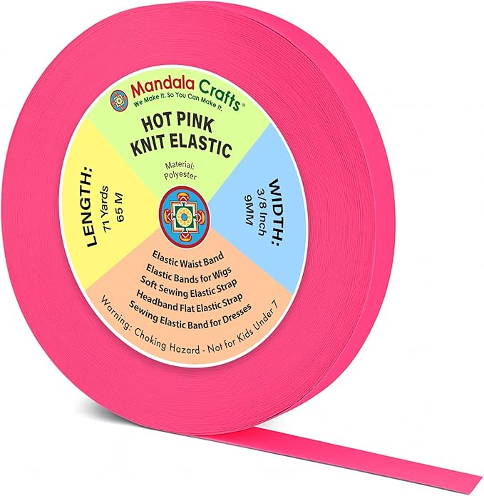 Mandala Crafts Wide 3/8 Inch Hot Pink Elastic Bands Spool for Pants Waistbands Sewing and DIY Crafts, 71 YD Stretchy Flat Fabric Strap Knit Elastic Band for Wig