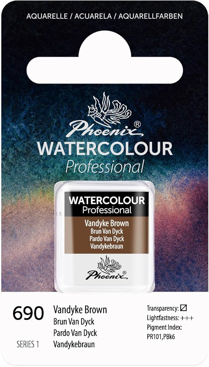 PHOENIX Professional Watercolor Paint - Single Watercolor Half Pan - Vandyke Brown 690