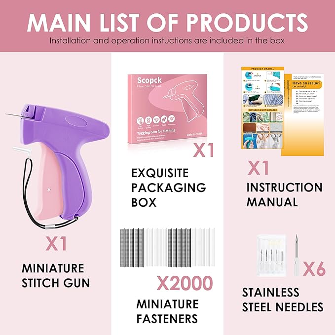 Handheld Micro Tagging Stitch Gun for Clothes - Quick Clothing Fixer - Mini Sewing Kit - Includes 6 Needle, 1000 Black Fasteners & 1000 White Fasteners (Purple)