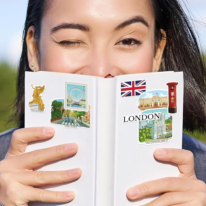 Navy Peony Bustling London Travel Stickers (28pcs) - Gouache Style, English-Themed Vacation Decals for Journals, Scrapbooks, Luggage, Water Bottle