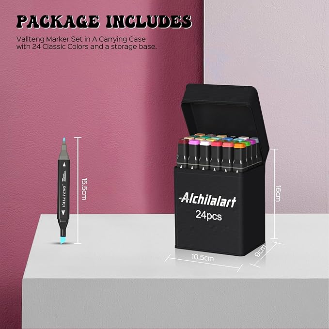 alchilalart 24 Colors Alcohol Based markers, Alcohol Markers Set, Dual Tip Alcohol Sketching Drawing Markers Animation for Adults Kids