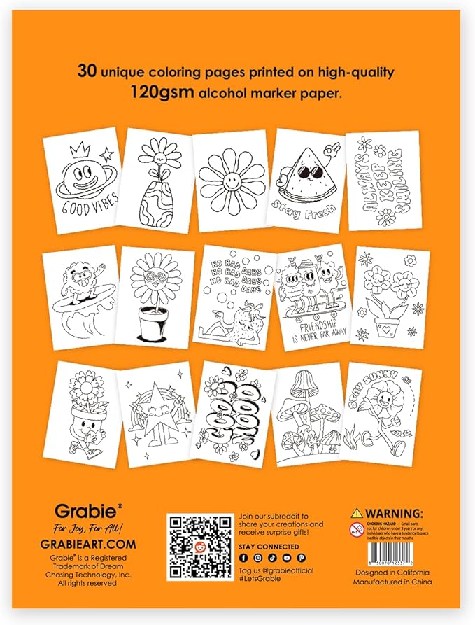 Grabie Easy Coloring Book for Adults Relaxation,Simple Mindful Coloring Pages for Alcohol Markers,Stress Relief Themes Flowers,Mushrooms,Monsters and More,Cute Designs(Feel Good with Color,30 Sheets)
