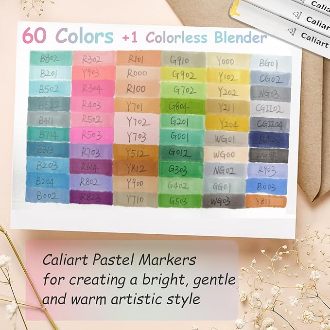 Caliart 61 Colors Pastel Alcohol Brush Markers, Art Marker Set Dual Tip Brush & Chisel, with Case Permanent Alcohol Based Colored Pens for Adults Coloring Book Artists Drawing Supplies Gifts