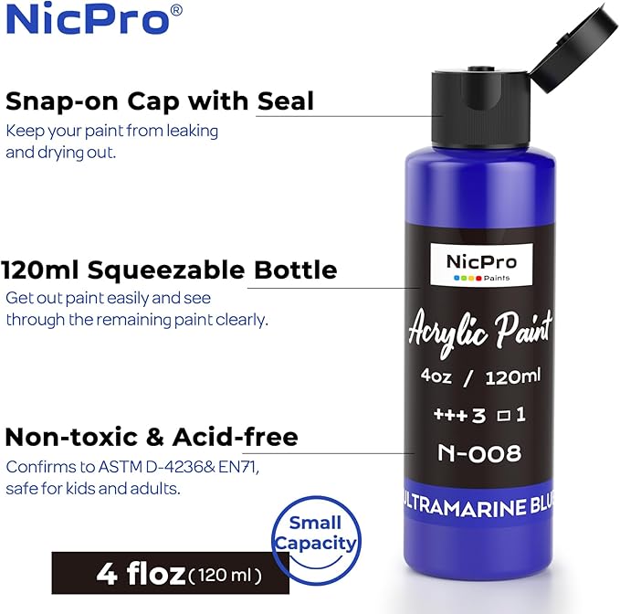Nicpro 8 Primary Colors Acrylic Paint Set(4 oz, 120 ml), Rich Pigment, Non Toxic Craft Paint for Multi Surface Canvas Wood Rock Fabric, Art Painting Supplies for Beginner Artist Adult with Color Wheel
