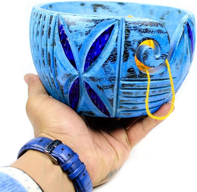 Exquisite Premium Yarn Ball Storage Bowls | Hand Painted Lovely Decor Yet Functional Yarn Dispenser (Large (7 x 4 x 7 Inches), Frozen Blue)