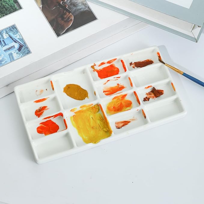 8" Porcelain Watercolor Palette - 14 Well Ceramic Artist Paint Palette with Mixing Tray for Painting and Craft Projects