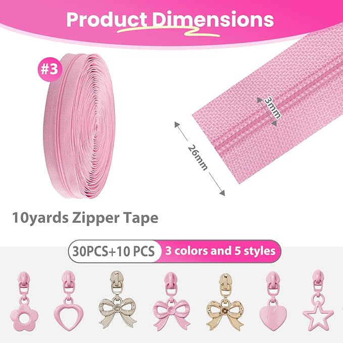 Mylbeter #3 Nylon Coil Zippers by The Yards Pink Bulk Zippers 10 Yards with 40PCS Sliders Continuous Zipper Tape for DIY Bag Clothing Sewing Crafts Gold Pull Sliver Slider Zipper for Bags and Purses