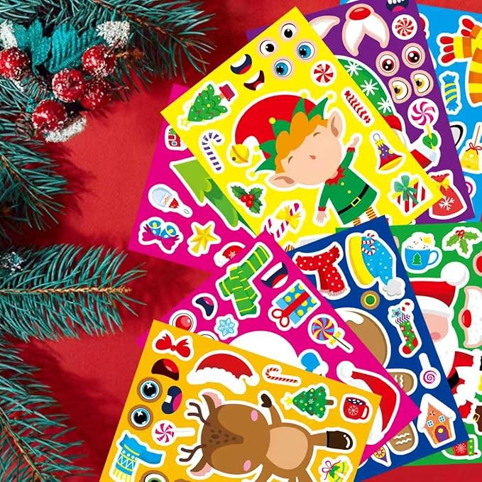 24 Sheets Christmas Stickers for Kids - Xmas Stocking Stuffers, Make-a-face Sticker, Make Your Own Stickers, Christmas Party Games Decorations, Winter Holiday Craft Supplies Xmas Gifts