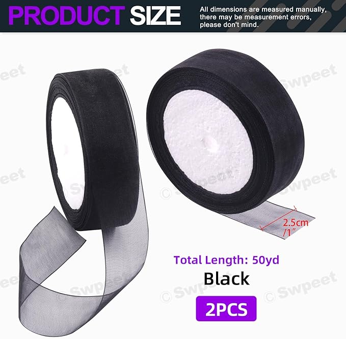 Swpeet 2 Rolls 50 Yards x 1 Inch Black Shimmer Sheer Fabric Ribbons Organza Ribbon, Transparent Sheer Ribbon Chiffon Fabric Ribbons for Bouquets Wedding Birthday Decoration