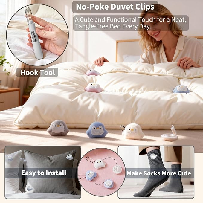 8 Pcs Duvet Clips with Pins Quilt Fixer,Non-Slip Duvet Cover Clips,Duvet Clips to Hold Comforter Inside,No Needles，Penguin Pattern(Inc Hook Tool,Storage Box)(Gray)