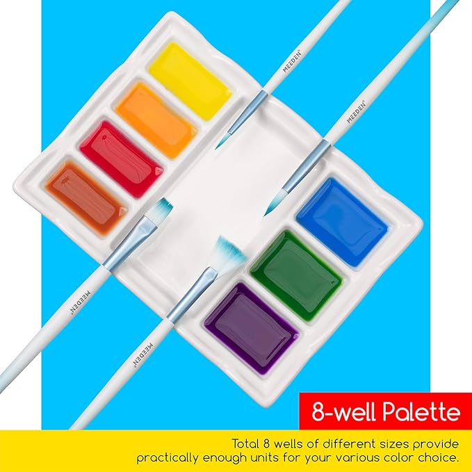 MEEDEN 8-Well Ceramic Artist Paint Palette, Porcelain Paint Palette Tray, Watercolor Mixing Palette, Porcelain Mixing Tray for Watercolor, Gouache, Acrylic Painting, 7”x 5.2”x 0.6”