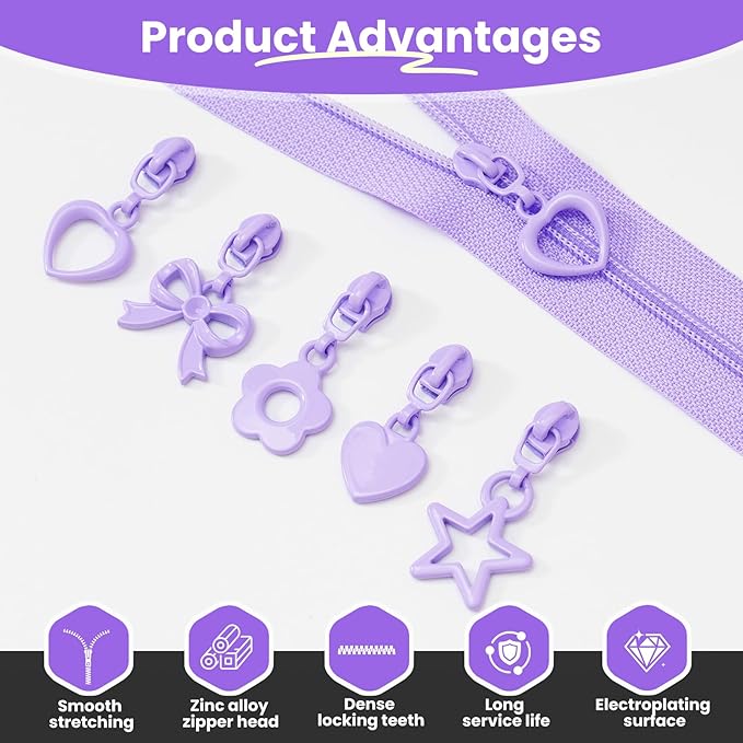 Mylbeter #3 Nylon Coil Zippers by The Yards Purple Bulk Zippers 10 Yards with 40PCS Sliders Continuous Zipper Tape for DIY Bag Clothing Sewing Crafts Gold Pull Sliver Slider Zipper for Bags and Purses