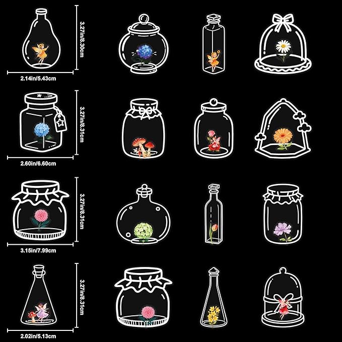 50Pcs Flowers in a Clear Bottle Stickers for Kindle, Laptop, Refrigerators, Scrapbooking, Journal, Photo Album, Suitcase, Waterproof PET Transparent Aesthetic Decals