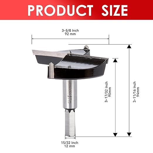 Mollom 3-5/8" (92mm) Forstner Drill Bit for Precise Woodworking with Durable YG8 Carbide Thickness of 2.0mm,This Hinge Cutter Tool is Ideal for Hard Wood, Plastic, Plywood