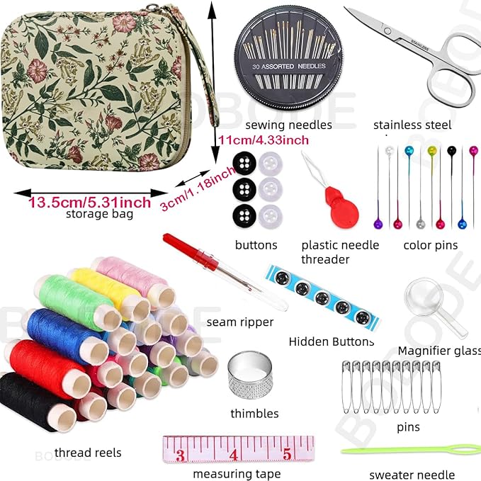 Arts Craft Printing Sewing Kit Floral Pattern Small Sewing Set,Professional Travel Sewing Kit with 18 Colors Sewing Thread, Basic Sewing Supplies Accessory for Emergency, Home Beginners