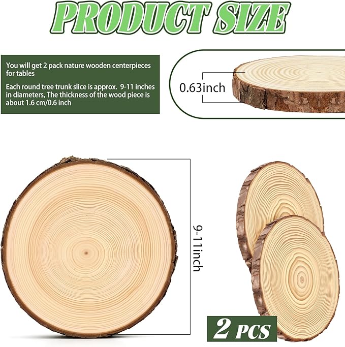 FSWCCK 2 Pack Nature Unfinished Round Wood Slices, 9-11 Inches Wooden Circle, Large Wood Slabs for Weddings Centerpieces Decor and DIY Painting Crafts (9"-11")