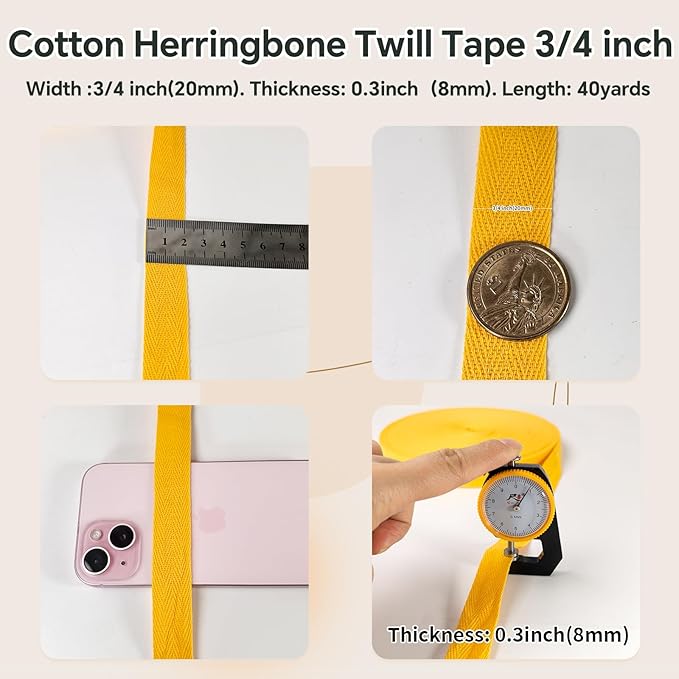 40 Yards Herringbone Twill Tape for Sewing,Pet Collar,Gift Wrapping Home Deco -3/4 inch Gold Cotton Webbing Straps-Natural Bias Binding Tape for Handles, Crafting & DIY Projects