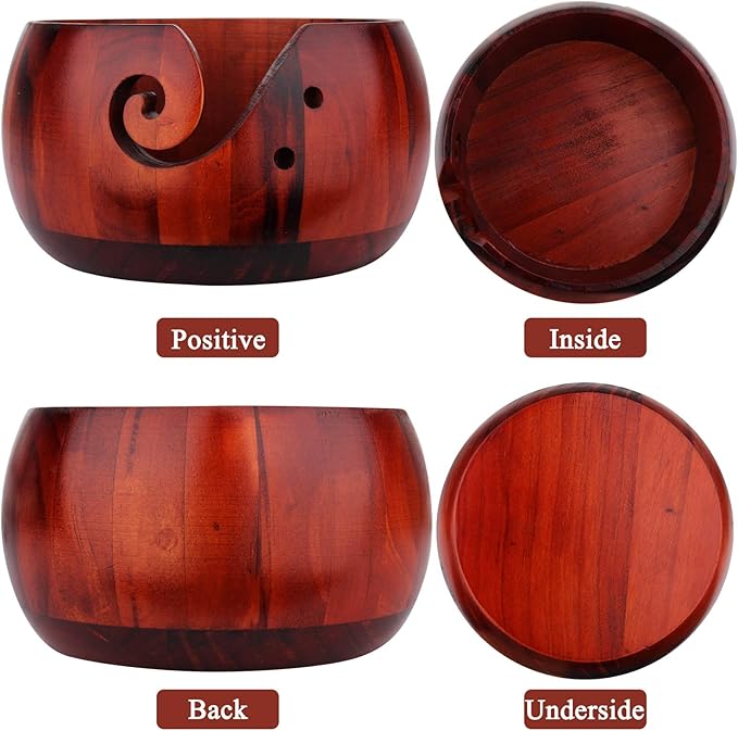 Coopay Wool Yarn Bowl Rosewood, Handmade Wooden Yarn Storage Bowl with Holes, Knitting Wool Storage Bowl Round - Ideal Knitting Crochet Accessories for Knitters