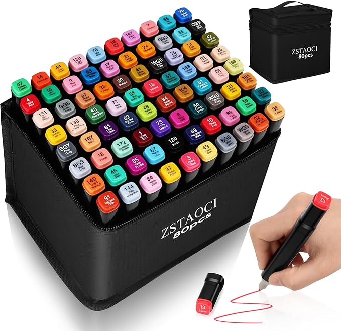 80 Colors Alcohol Markers, Art Markers for Kids Adults Artists Coloring Book Painting Sketching, Dual Tip Drawing Marker Set Perfect for Boys Girls Students Gift (80)