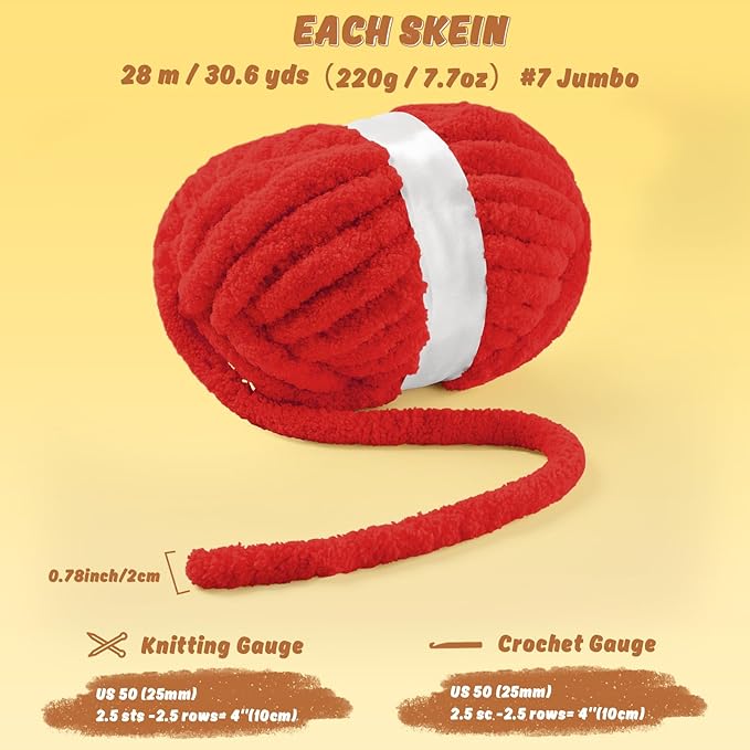 Inhand 8 Pack Chunky Chenille Yarn for Crocheting–30.6 Yards, 7.7oz, Soft Fluffy Thick Yarn, Gifts for Women/Grandma Birthday Christmas Unique, Hand Knitting for Blankets & DIY Crafts (Red)