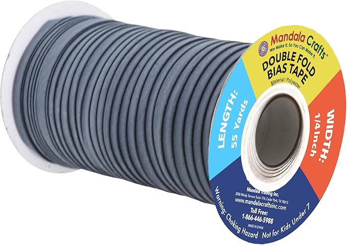 Mandala Crafts 55 Yards 1/4 Inch Dim Gray Double Fold Bias Tape for Sewing - Bias Binding Tape for Quilting Binding, Hemming, Seam, and Fabric Piping
