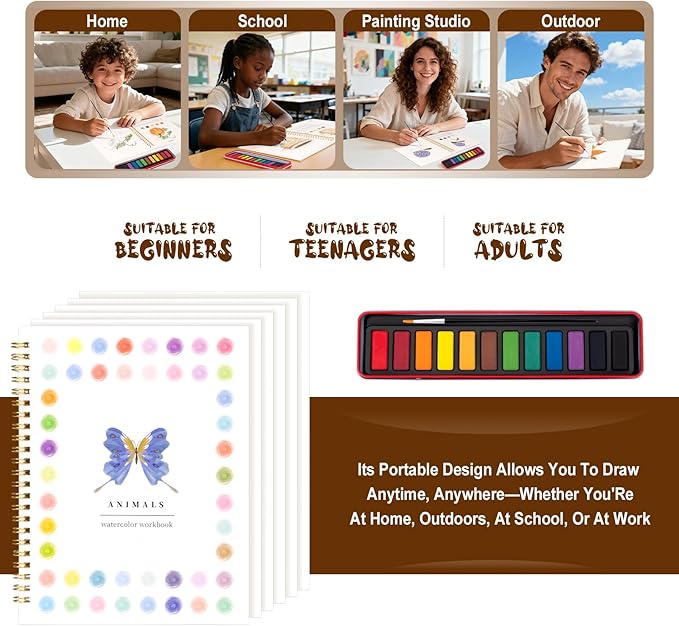 Kivzex Watercolor Workbook for Adults, Beginner Friendly Watercolor Painting Kit Animals Water Coloring Book, Nature-Themed Practice Art Gift Water Color Paint Book with Palette and Brush