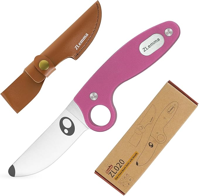 Kids Knife Boy Scout Knife with Educational Ring & Sheath & Rounded Tip - Whittling Knife Pink G10 Handle for Boys/Girls First Сamping Cutting