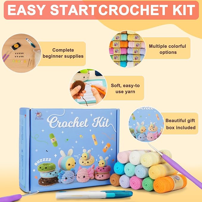 Crochetta Crochet Kit for Beginners Adults - Complete Starter Set with Crochet Hooks, Scissors, Stitch Markers + 12-Colored Yarn 22-25 Yards (10g) per Color