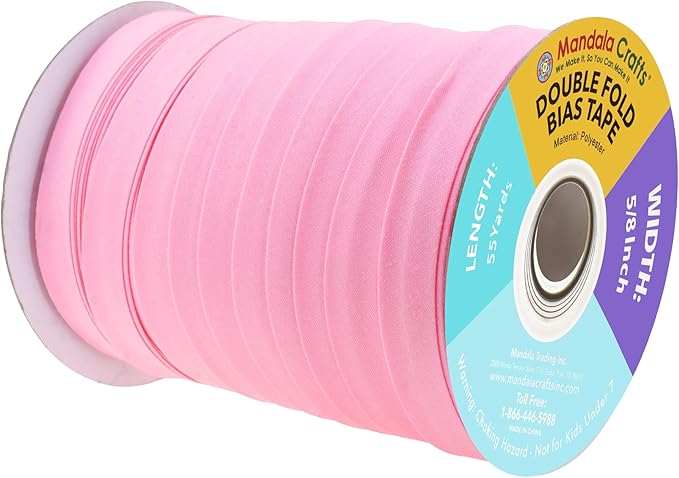 Mandala Crafts 55 Yards 5/8 Inch Pink Double Fold Bias Tape for Sewing - Bias Binding Tape for Quilting Binding, Hemming, Seam, and Fabric Piping