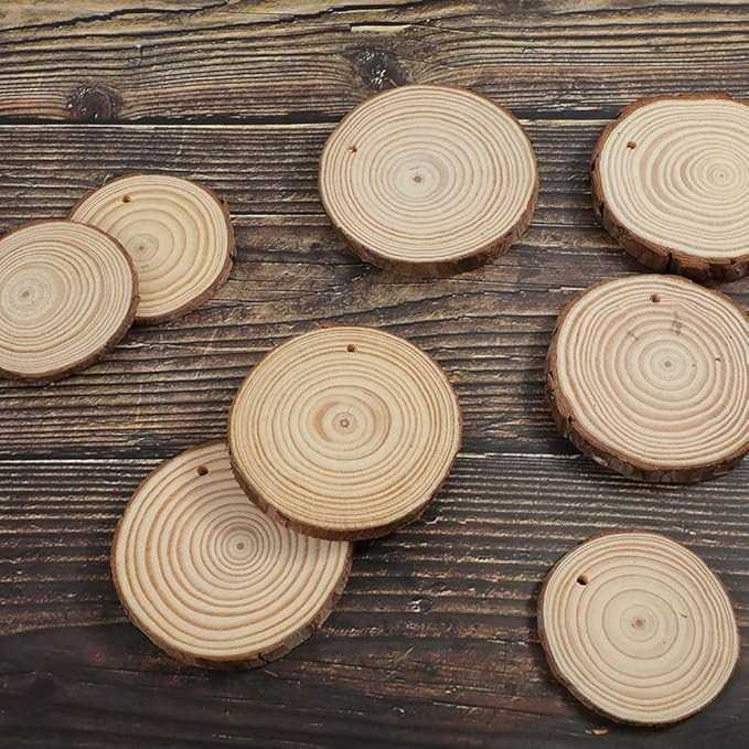 Artmag Natural Wood Slices 30pcs 2.8"-3.1" Unfinished DIY Crafts Predrilled with Hole Round Wooden Circles for Arts Rustic Wood Slices Christmas Ornaments Decor
